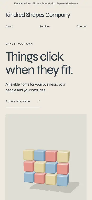 Look 1, Kindred Shapes: sample home page on a phone