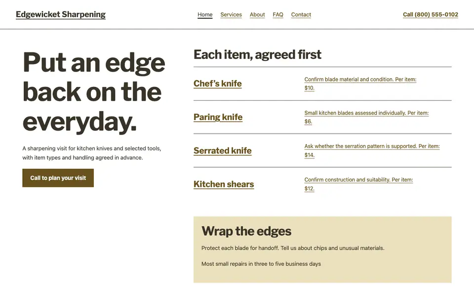 Look 1, The per-blade sharpening rack: sample home page on a computer