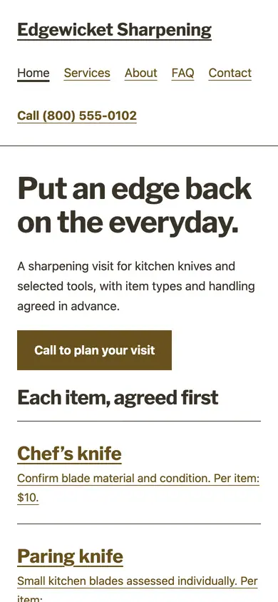 Look 1, The per-blade sharpening rack: sample home page on a phone