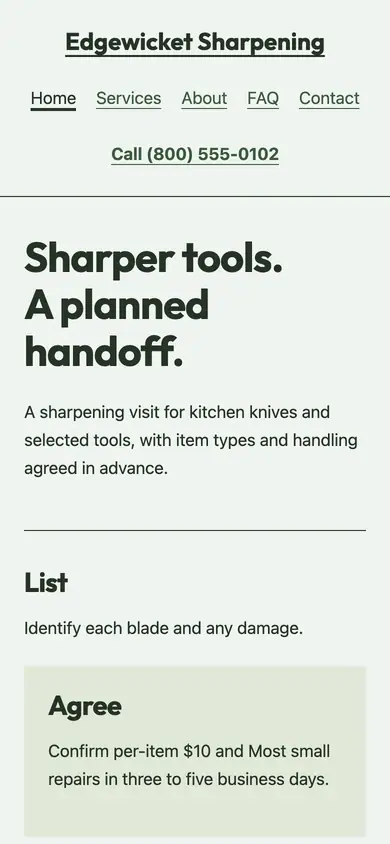 Look 3, The edge-to-handoff bench: sample home page on a phone