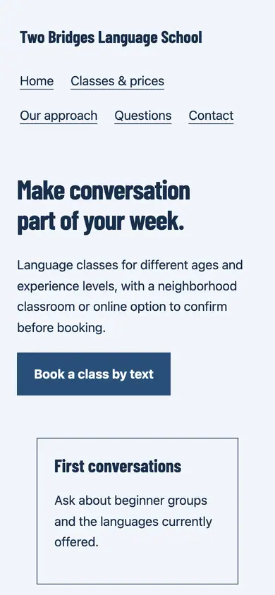 Look 1, Conversation tables: sample home page on a phone