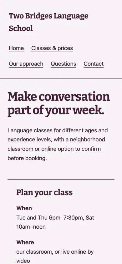 Look 2, Language course directory: sample home page on a phone