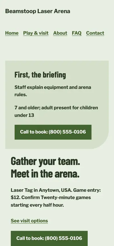 Look 1, Arena and briefing route: sample home page on a phone