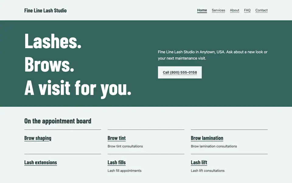 Look 2, Lash-and-brow storefront sign: sample home page on a computer