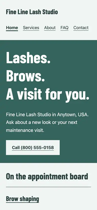 Look 2, Lash-and-brow storefront sign: sample home page on a phone