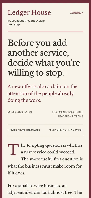 Look 1, Ledger House: sample home page on a phone