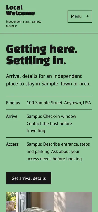 Look 1, Local Welcome: sample home page on a phone