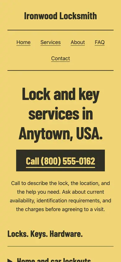 Look 2, Corner locksmith sign: sample home page on a phone