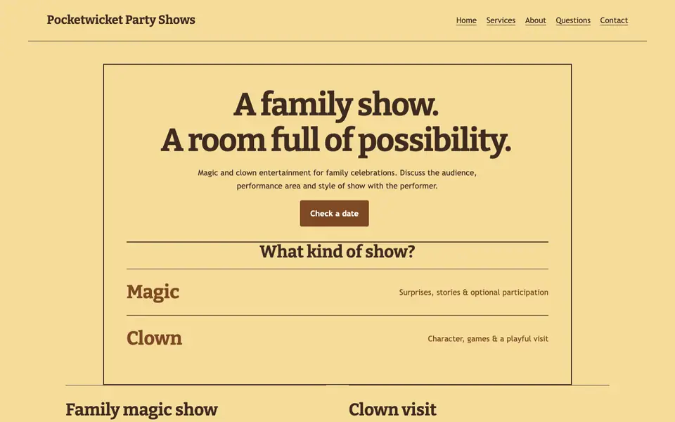 Look 1, Family show playbill: sample home page on a computer