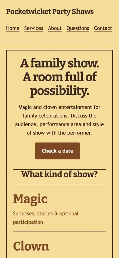 Look 1, Family show playbill: sample home page on a phone