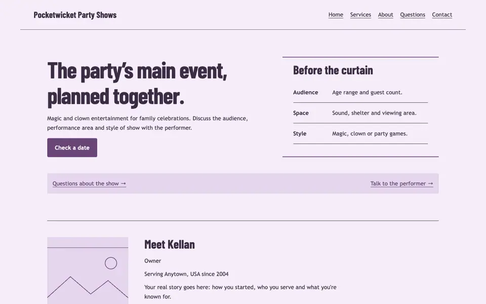 Look 3, Show running order: sample home page on a computer