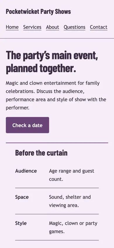 Look 3, Show running order: sample home page on a phone