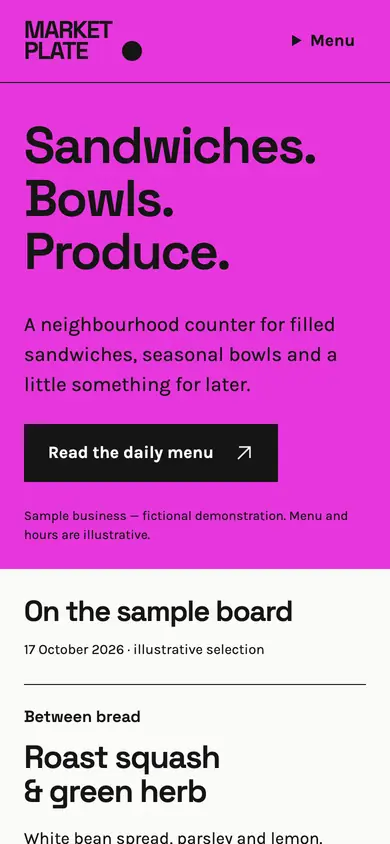 Look 1, Market Plate: sample home page on a phone