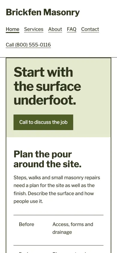 Look 3, Concrete pour plan: sample home page on a phone