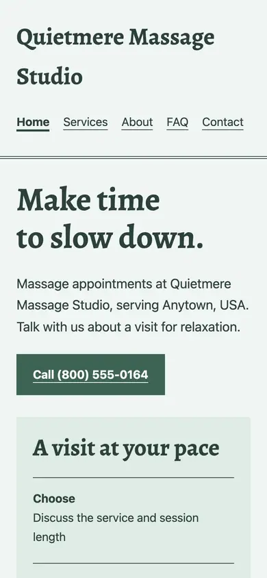 Look 1, Neighborhood spa appointment card: sample home page on a phone