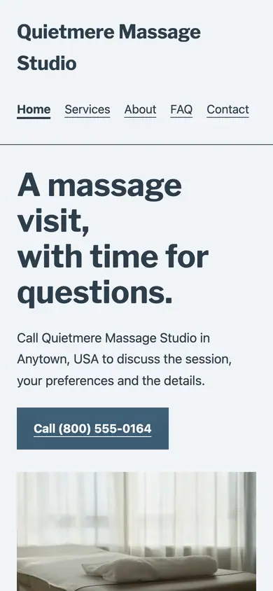 Look 2, Streetfront massage visit desk: sample home page on a phone