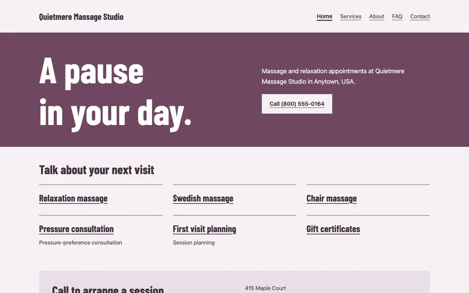 Look 3, Massage appointment window: sample home page on a computer
