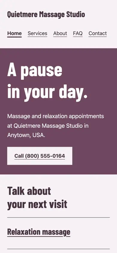 Look 3, Massage appointment window: sample home page on a phone
