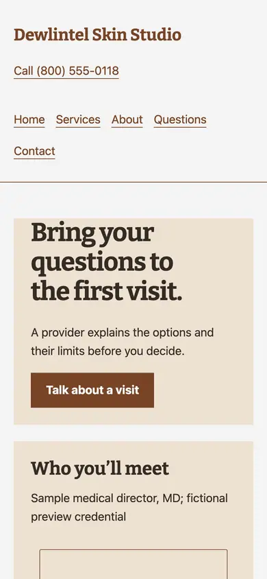 Look 2, Provider-led first visit: sample home page on a phone