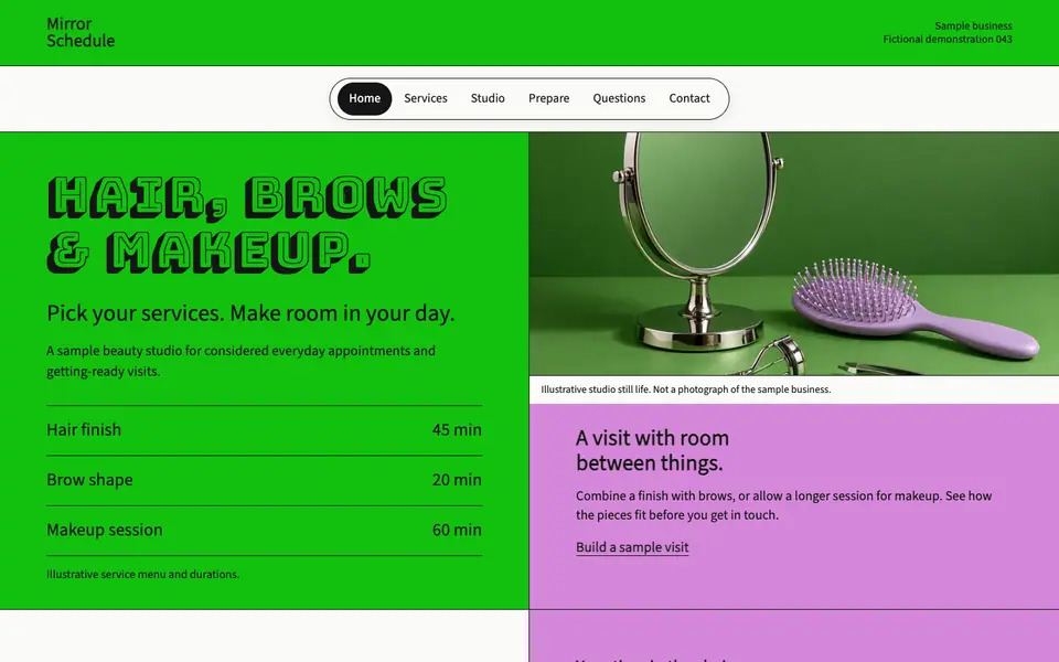 Look 1, Mirror Schedule: sample home page on a computer