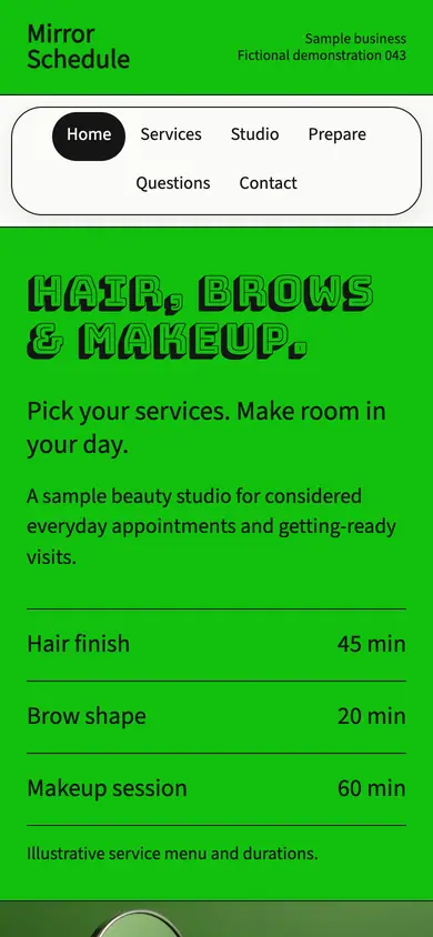 Look 1, Mirror Schedule: sample home page on a phone
