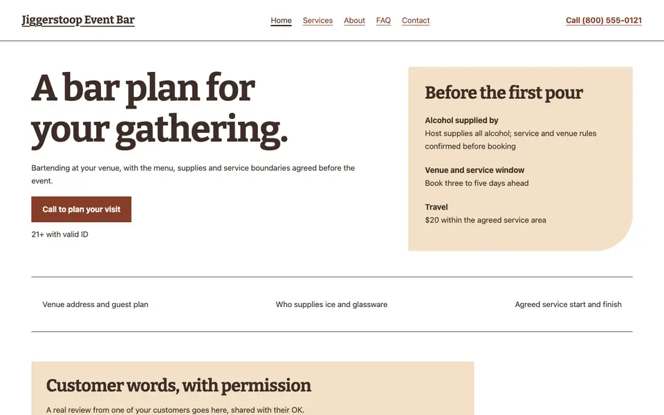 Look 1, The host’s bar-plan spread: sample home page on a computer