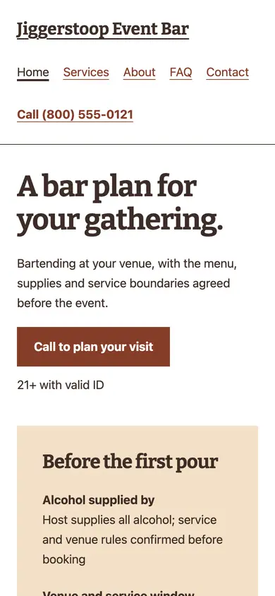 Look 1, The host’s bar-plan spread: sample home page on a phone