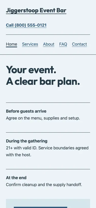 Look 2, The event bar run sheet: sample home page on a phone