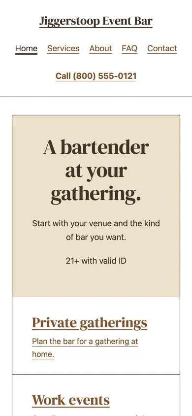 Look 3, The private-event menu counter: sample home page on a phone