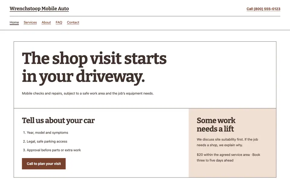 Look 2, The parked-car work order: sample home page on a computer