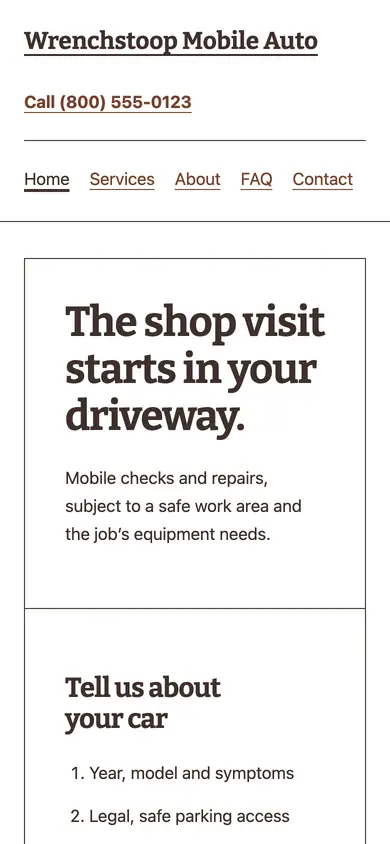 Look 2, The parked-car work order: sample home page on a phone