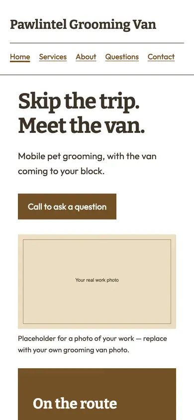 Look 2, ZIP route appointment board: sample home page on a phone