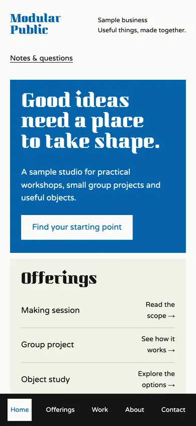 Look 1, Modular Public: sample home page on a phone