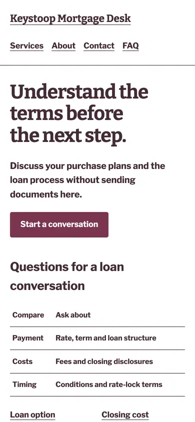 Look 3, Loan comparison worksheet: sample home page on a phone