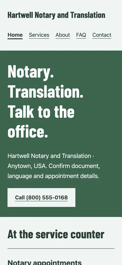 Look 2, Notary storefront service sign: sample home page on a phone