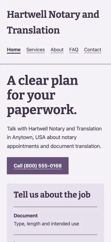 Look 3, Translation job jacket: sample home page on a phone