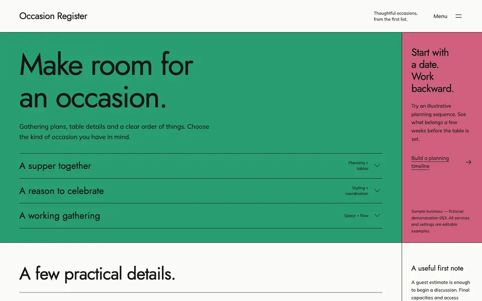 Look 1, Occasion Register: sample home page on a computer