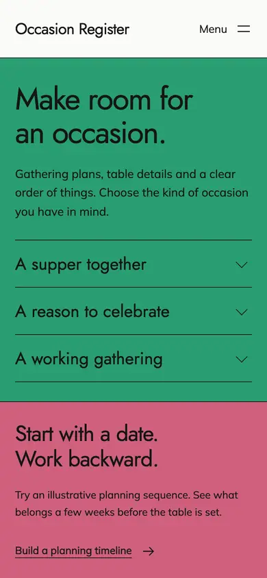 Look 1, Occasion Register: sample home page on a phone
