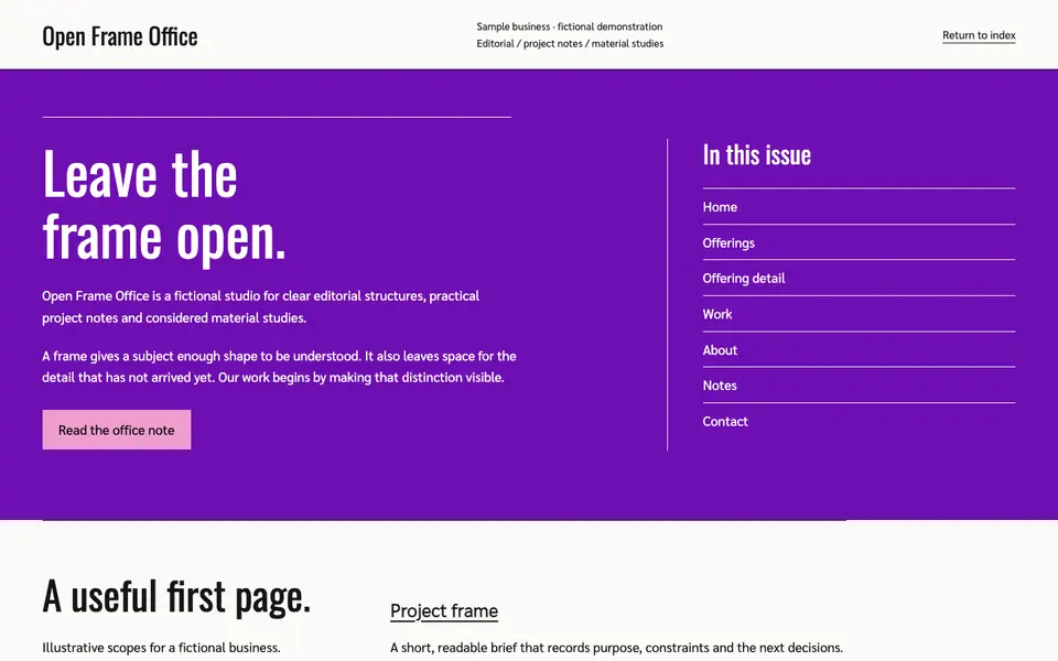 Look 1, Open Frame Office: sample home page on a computer