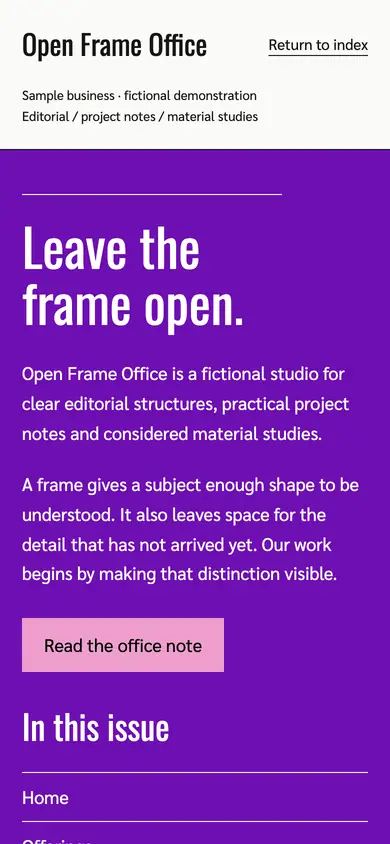 Look 1, Open Frame Office: sample home page on a phone