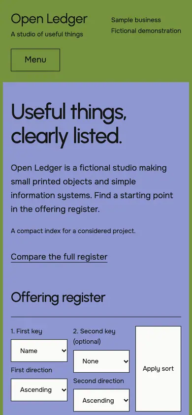 Look 1, Open Ledger: sample home page on a phone