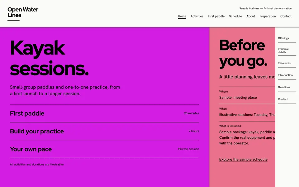 Look 1, Open Water Lines: sample home page on a computer