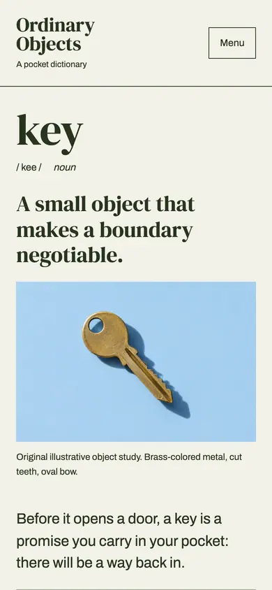 Look 1, Ordinary Objects: sample home page on a phone