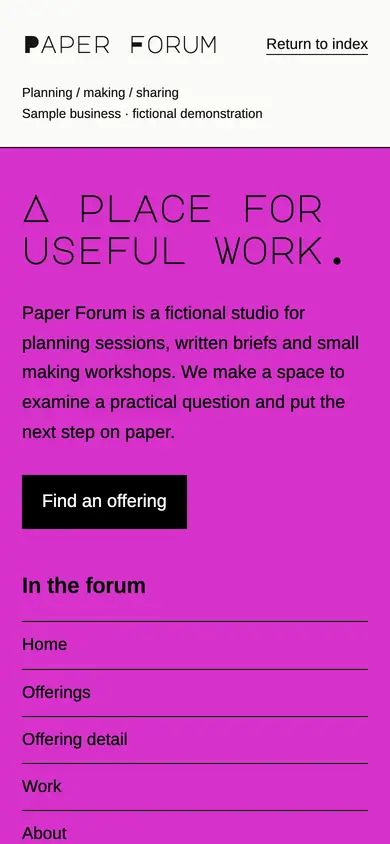 Look 1, Paper Forum: sample home page on a phone