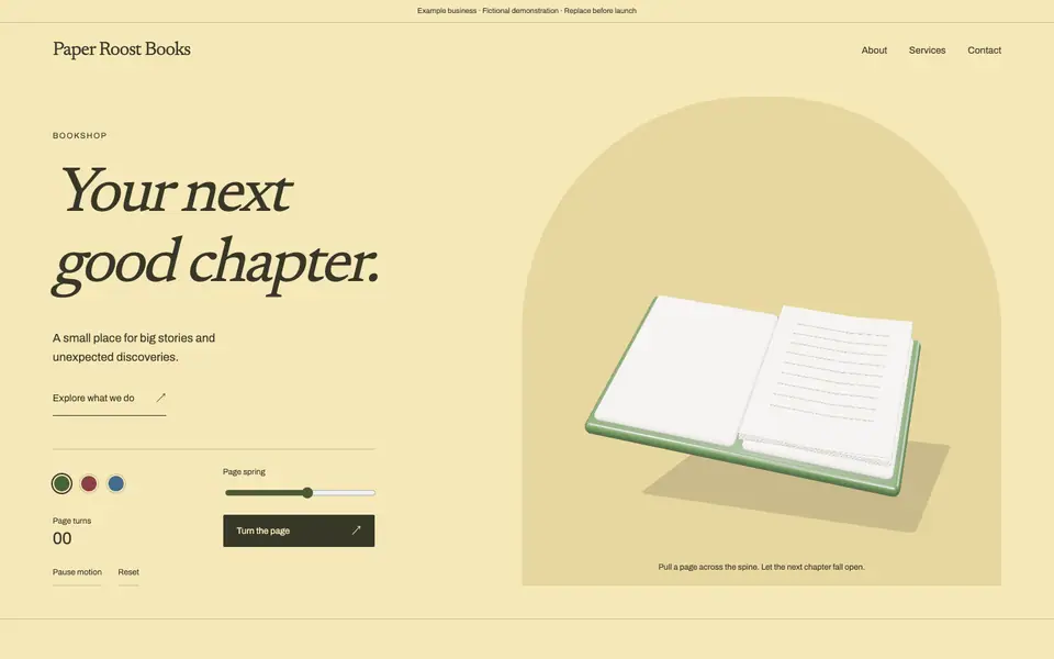 Look 1, Paper Roost: sample home page on a computer