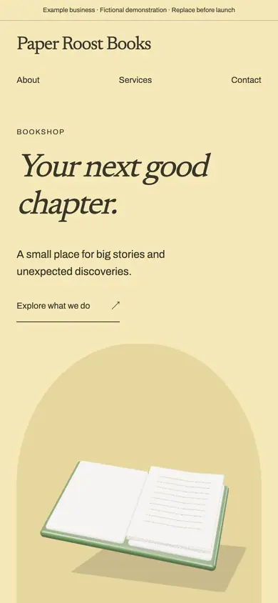 Look 1, Paper Roost: sample home page on a phone