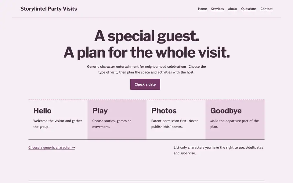 Look 3, Character visit running order: sample home page on a computer