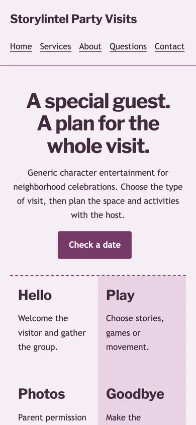 Look 3, Character visit running order: sample home page on a phone
