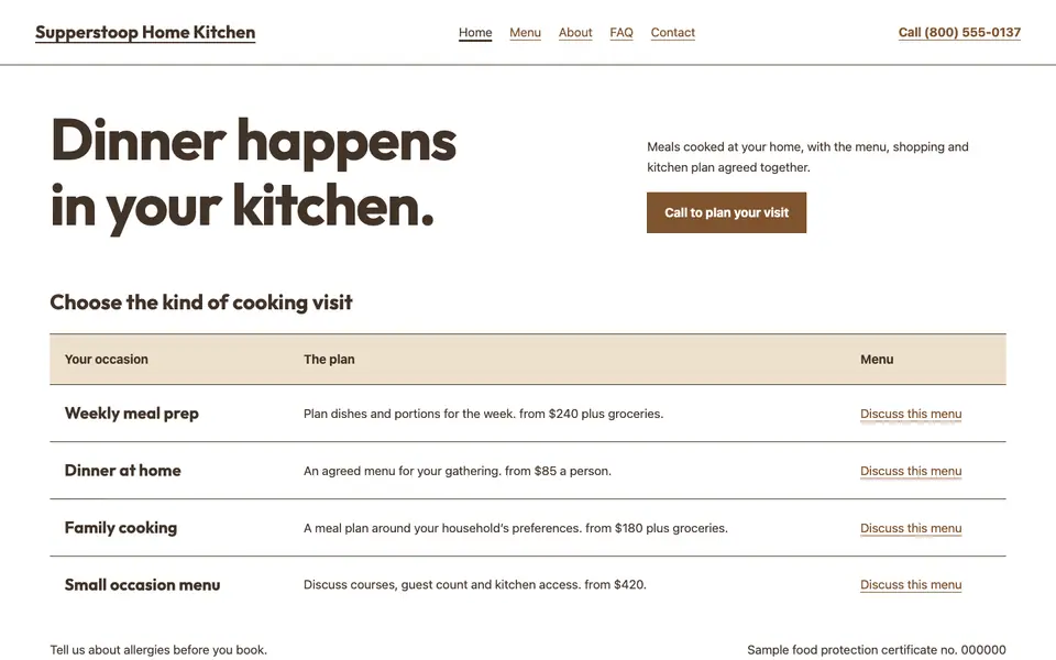 Look 1, The meal-planning menu sheet: sample home page on a computer