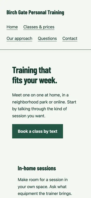 Look 1, Three places to train: sample home page on a phone